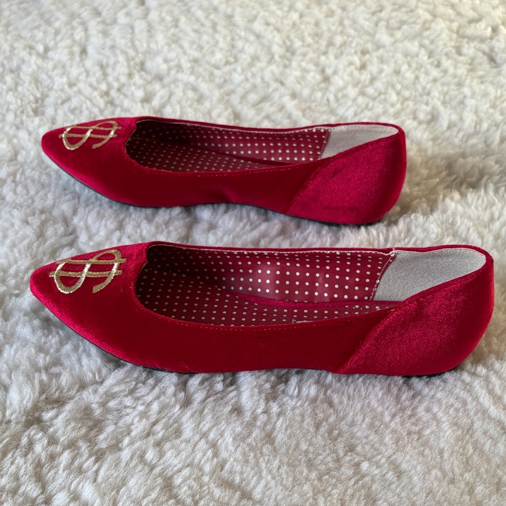 Red Pointed Velvet Flats with Gold Dollar Emblem BAIT Size 7.5 (fit size 7 best) - Picture 5 of 5